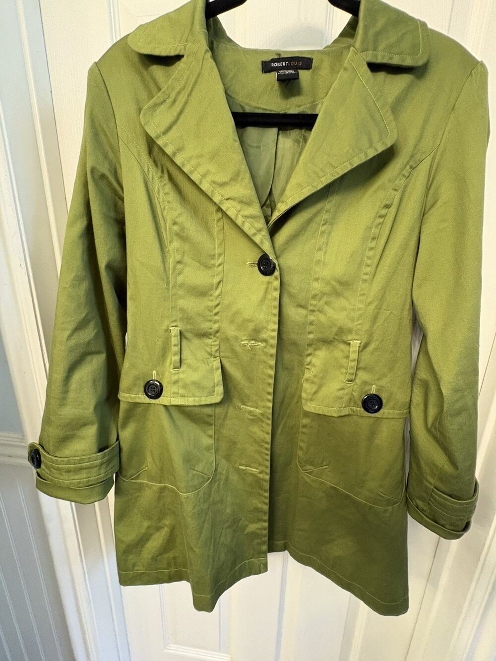 Robert Louis Women's Green Mid-Length Button Front Lined Jacket Pockets, S FLAW